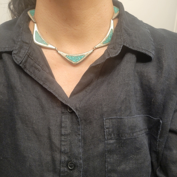 vintage Mexico sterling silver 925 turquoise chip inlay aztec motif necklace - Picture 3 of 12